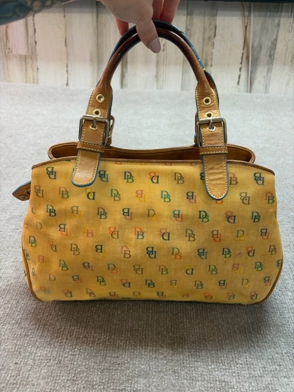Dooney & Bourke Multicolor DB Monogram Satchel Yellow Leather Trim Bag